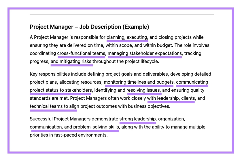 Project Manager–job Description Key Strengths