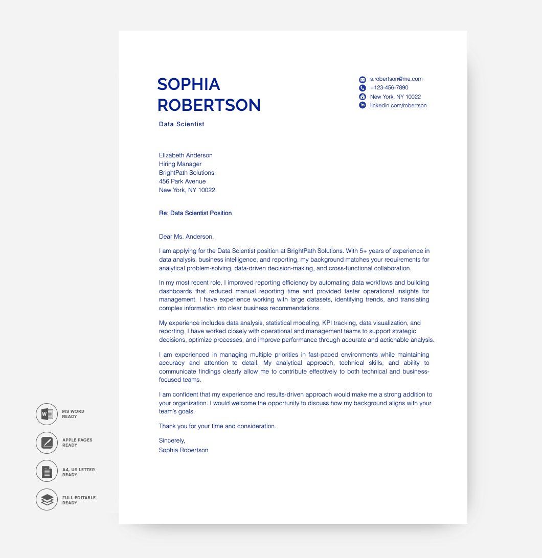 Ats Friendly Cover Letter Template Blue