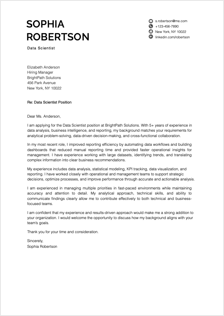 Ats Friendly Data Scientist Cover Letter Template