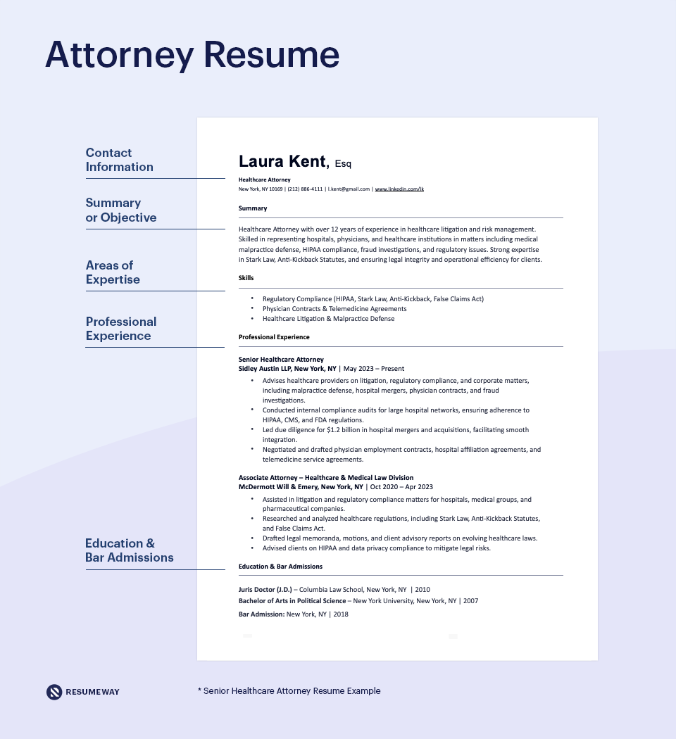 Senior healthcare attorney resume example showing a chronological attorney resume format with summary, areas of expertise, professional experience, education, and bar admissions.