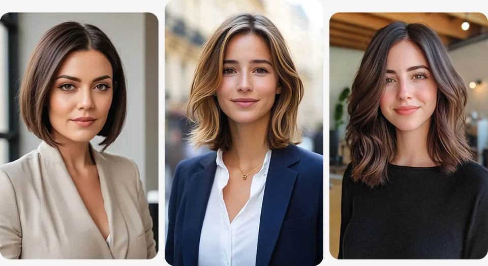 Three women with professional hairstyles suitable for job interviews.