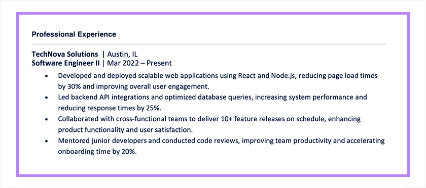 Chronological Resume Experience Example - Software Engineer