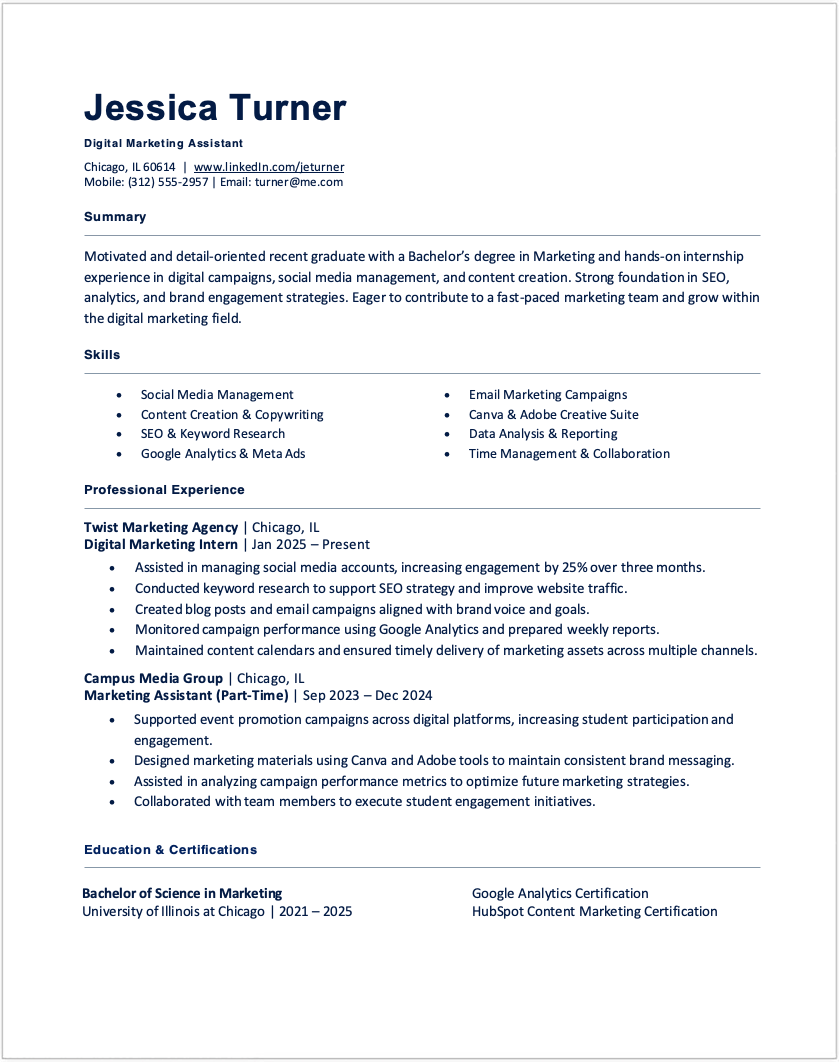 Chronological Resume Format Entry Level - Digital Marketing Assistant