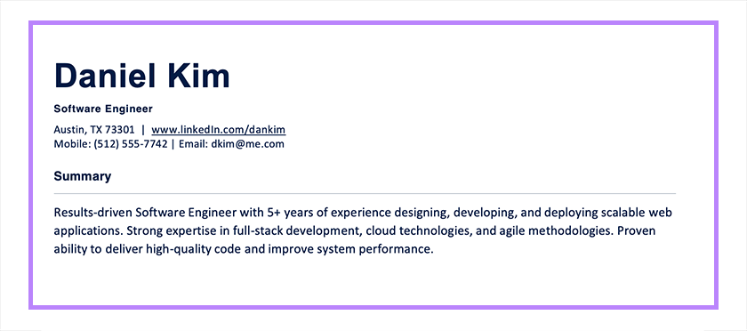 Chronological Resume Summary Example - Software Engineer