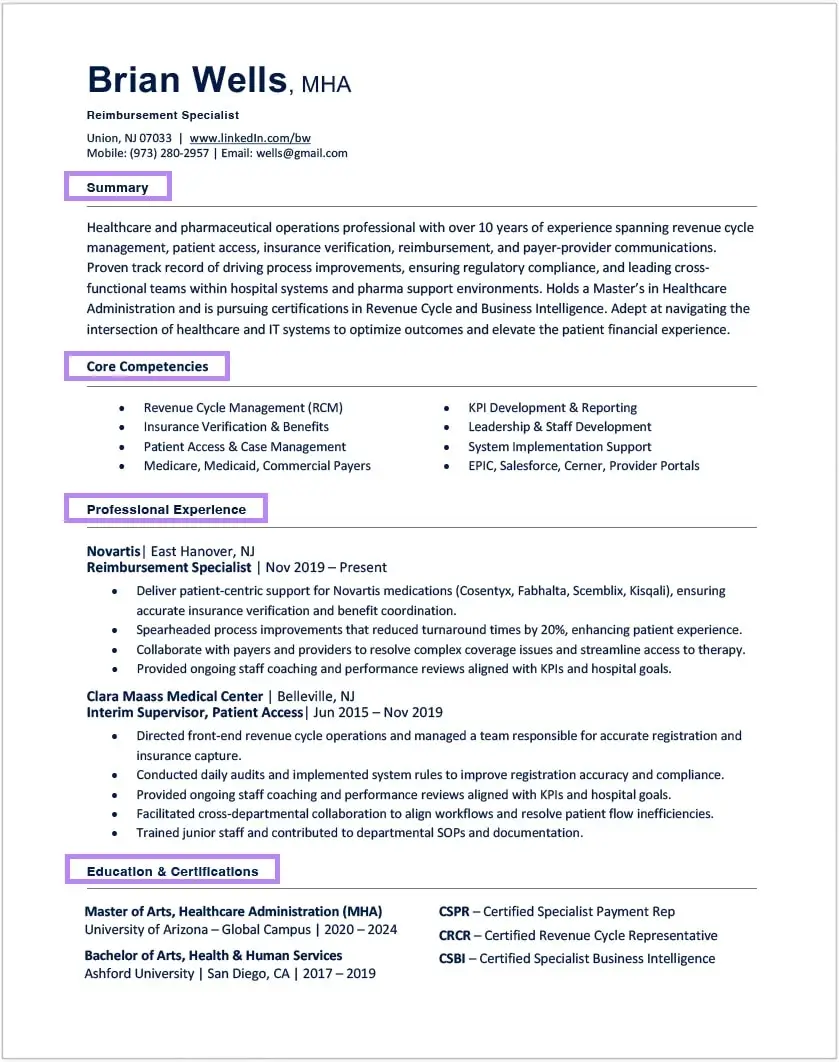 Combination Resume format: Example - Reimbursement Specialist Resume