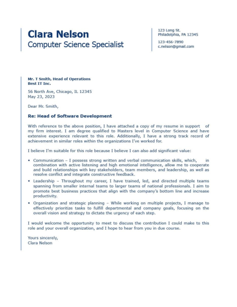 Computer Science Specialist Cover Letter Template 150080