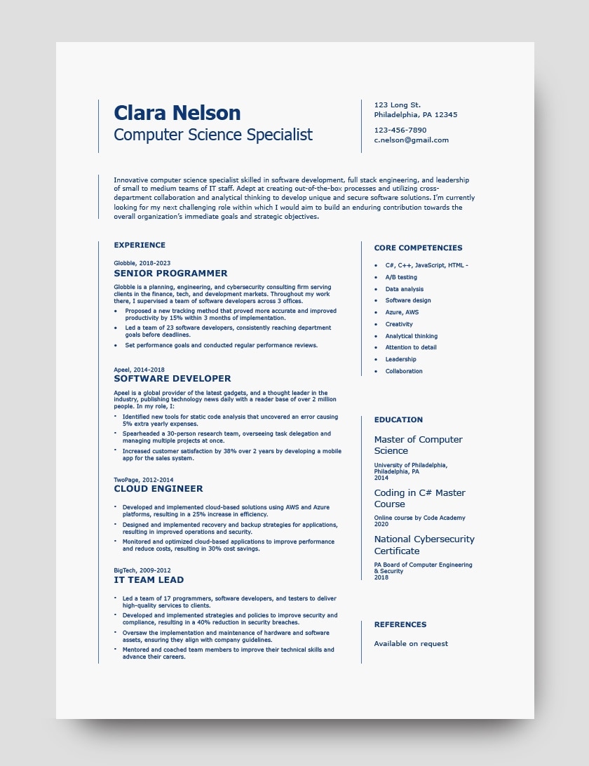 Computer Science Specialist Resume Example, MS Word, Pages.