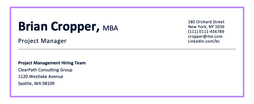 Example: Cover Letter Project Manager - Step 1: Add a professional header