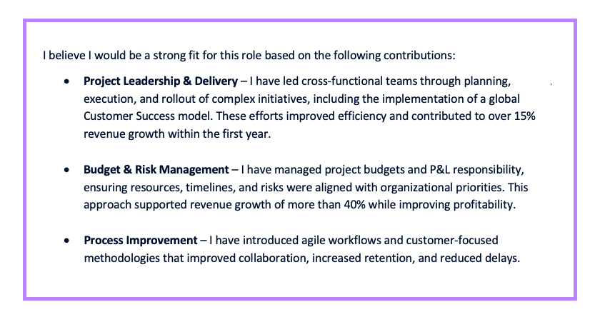 Example: Cover Letter Project Manager: Step 4: Pitch yourself in the middle part