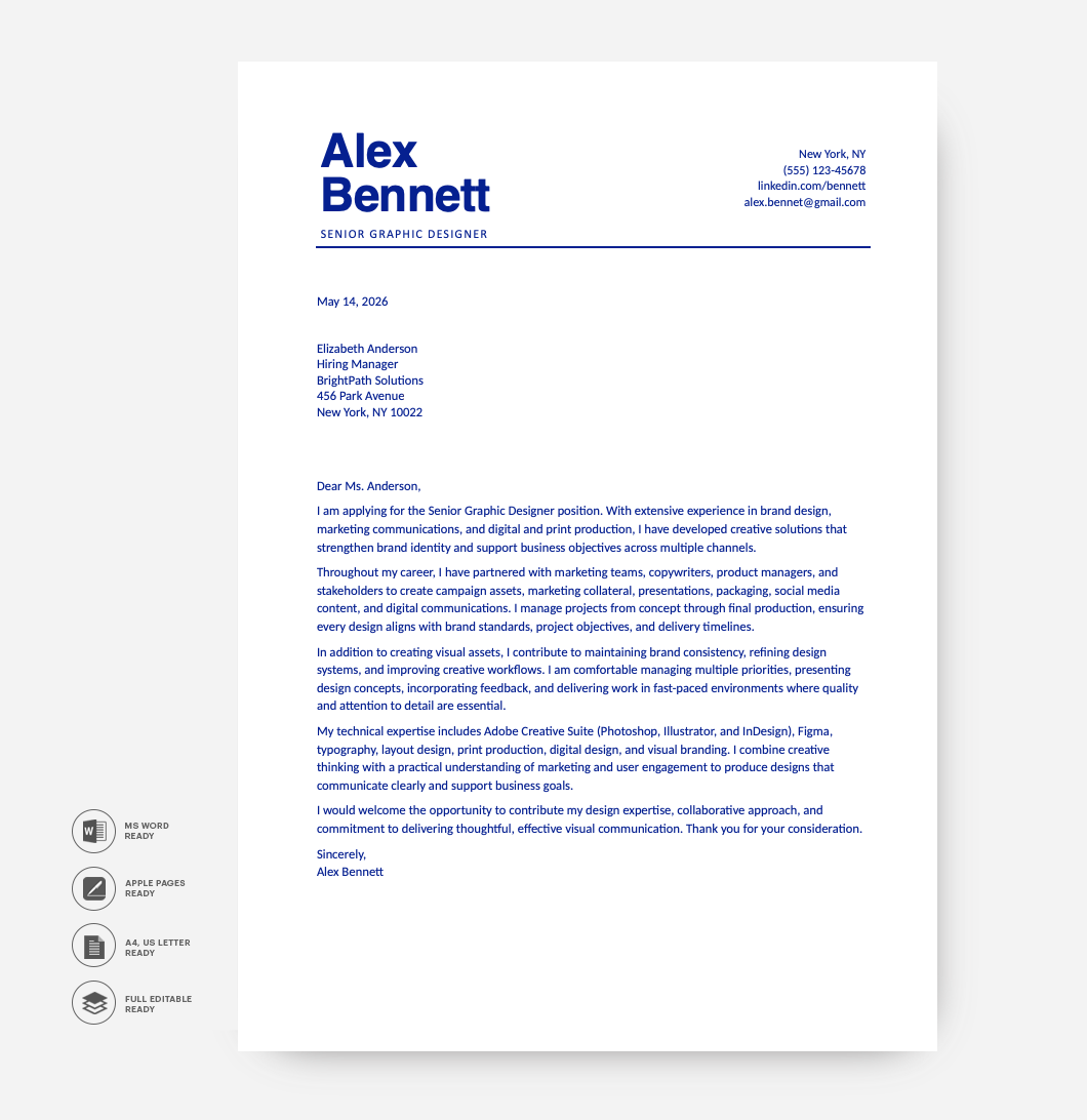 Creative Cover Letter Template Blue for Senior Graphic Designer