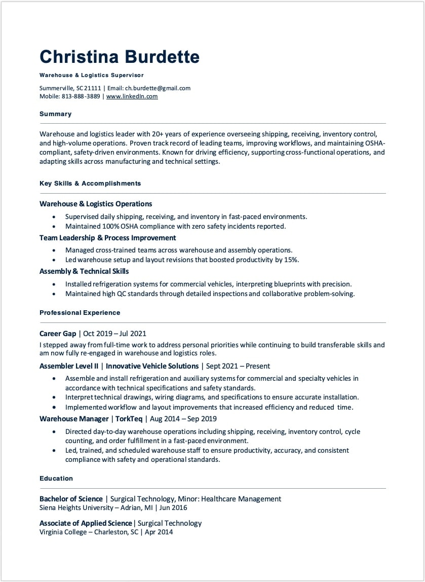 Employment Gap Combination Resume Format Example