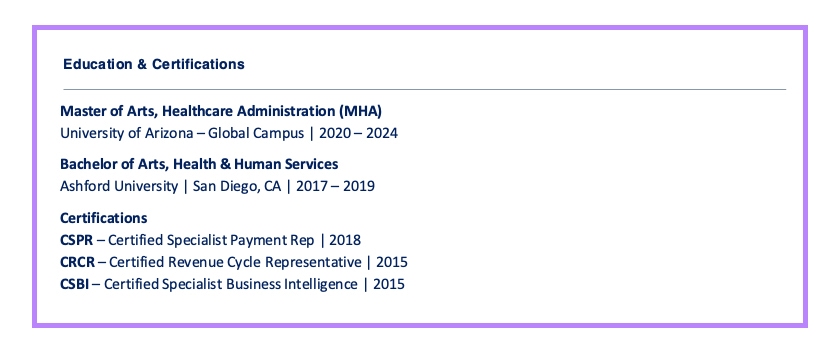 Example of an “Education & Certifications” section on a professional resume, showing how to list degrees and certifications with school names, locations, and dates—ideal for guides on how to write a resume.