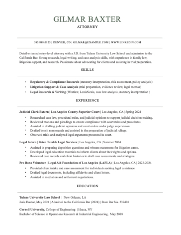 Pre-made entry-level attorney resume template for Microsoft Word and Apple Pages