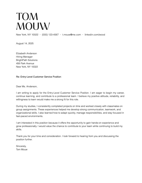 Entry Level Cover Letter Template
