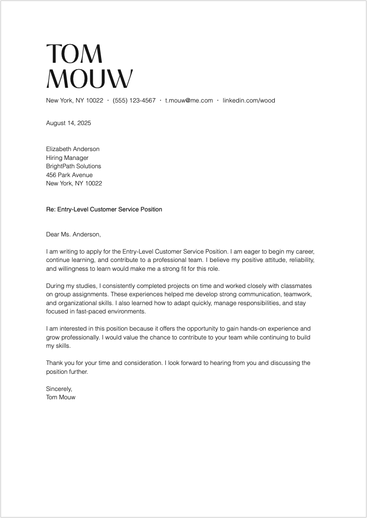 Entry Level Customer Service Cover Letter Template
