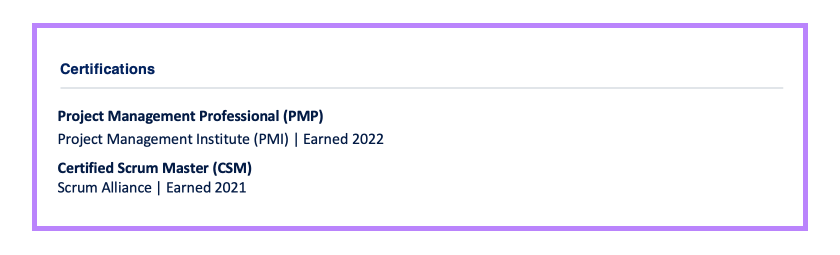 Example Certifications Senior Project Manager