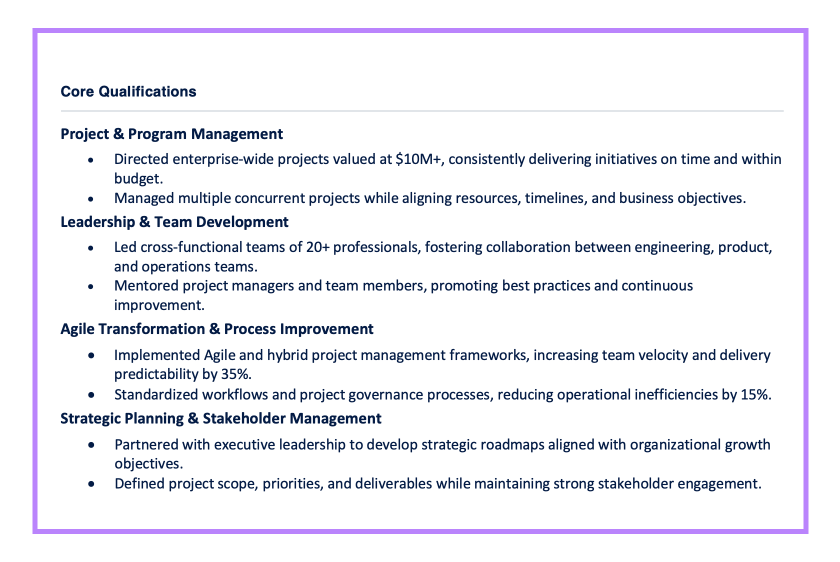 Example Core Qualifications Senior Project Manager