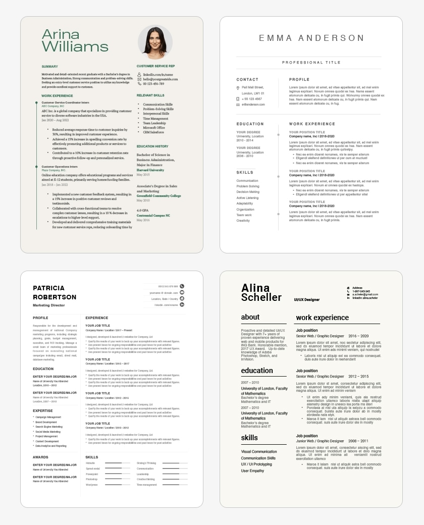 Four pre-made eye-catching resume templates with varied designs—ranging from modern and minimalist to professional and structured—featuring sections like contact info, work experience, education, and skills.