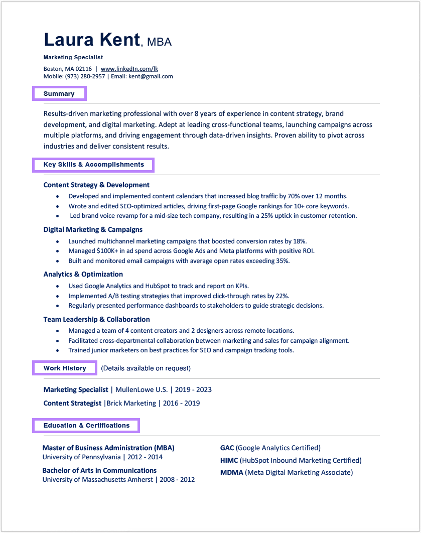 Functional Resume Format: Example - Marketing Specialist Resume