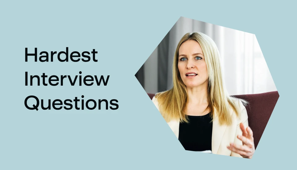 Professional woman speaking during an interview, with text reading ‘Hardest Interview Questions.’