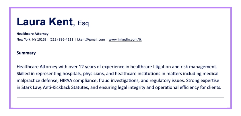 Healthcare Attorney Resume Summary Example