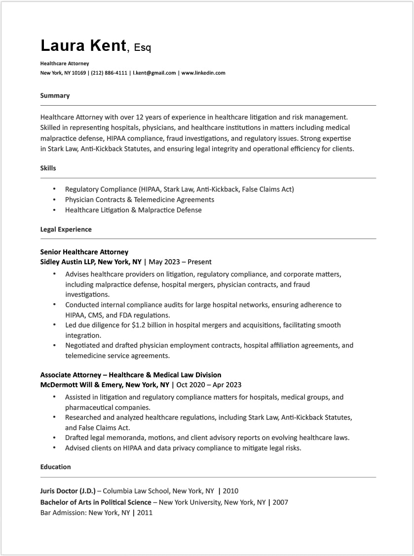 Healthcare Attorney Resume Template for Ms Word and apple Pages - Combination Resume Format