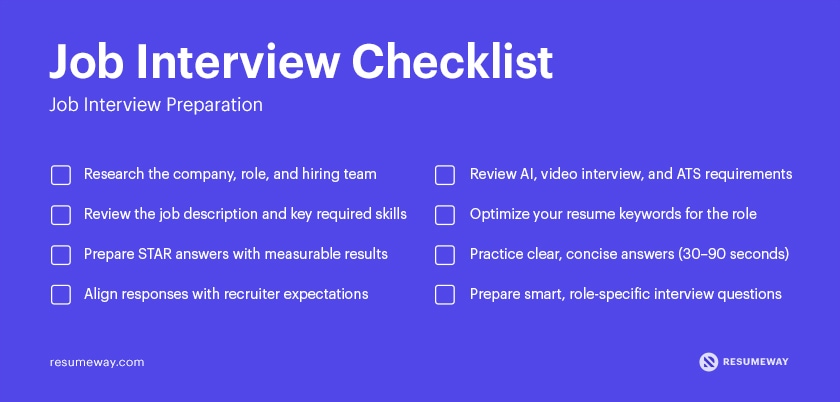 Job interview checklist for 2026 with interview preparation steps including AI interviews and ATS requirements