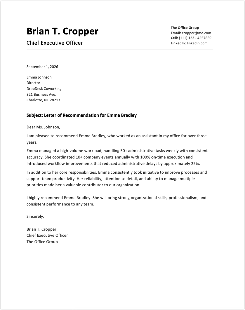 Letter Of Recommendation Sample Employee