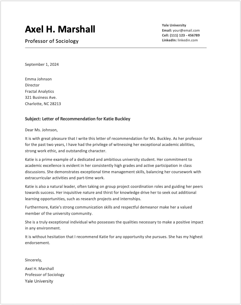 Formal letter of recommendation example for a university student, written by a professor highlighting academic performance, leadership, and character in a professional format.