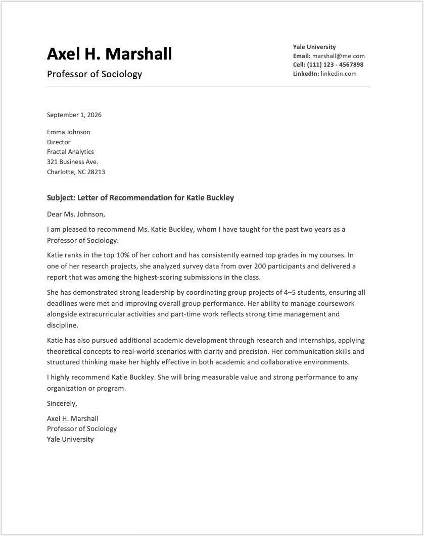 Letter Of Recommendation Student