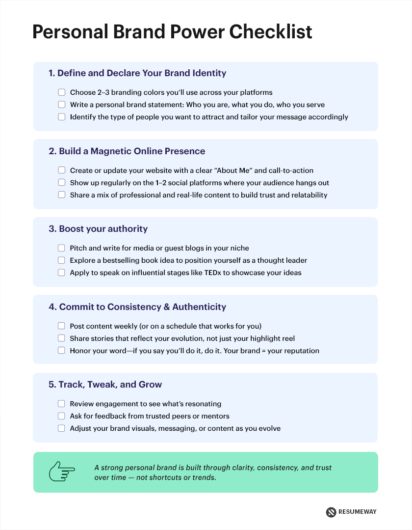 Personal brand checklist with five steps for building visibility, authority, and trust.