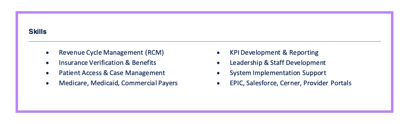 Example of a pharmaceutical specialist skills section on a resume, showing key skills such as Revenue Cycle Management, Insurance Verification, and System Implementation — demonstrating how to write resume skill sections effectively.