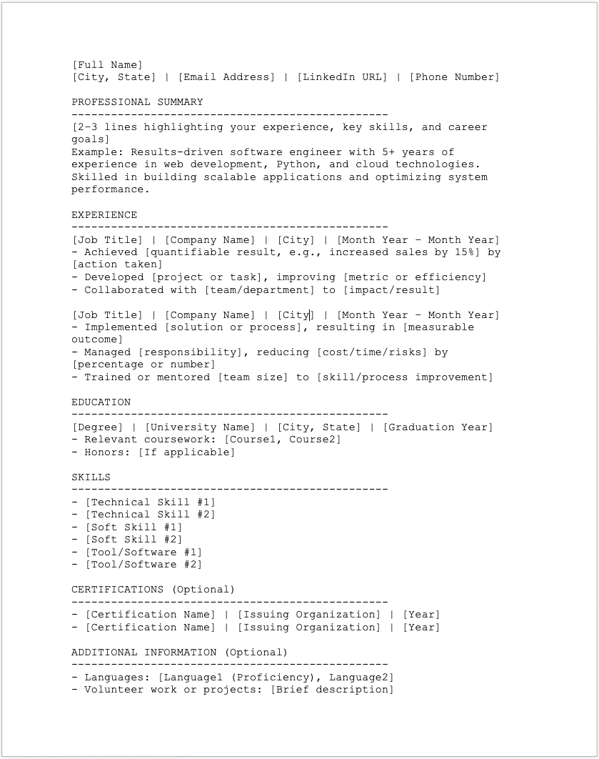 Plain Text Resume Template