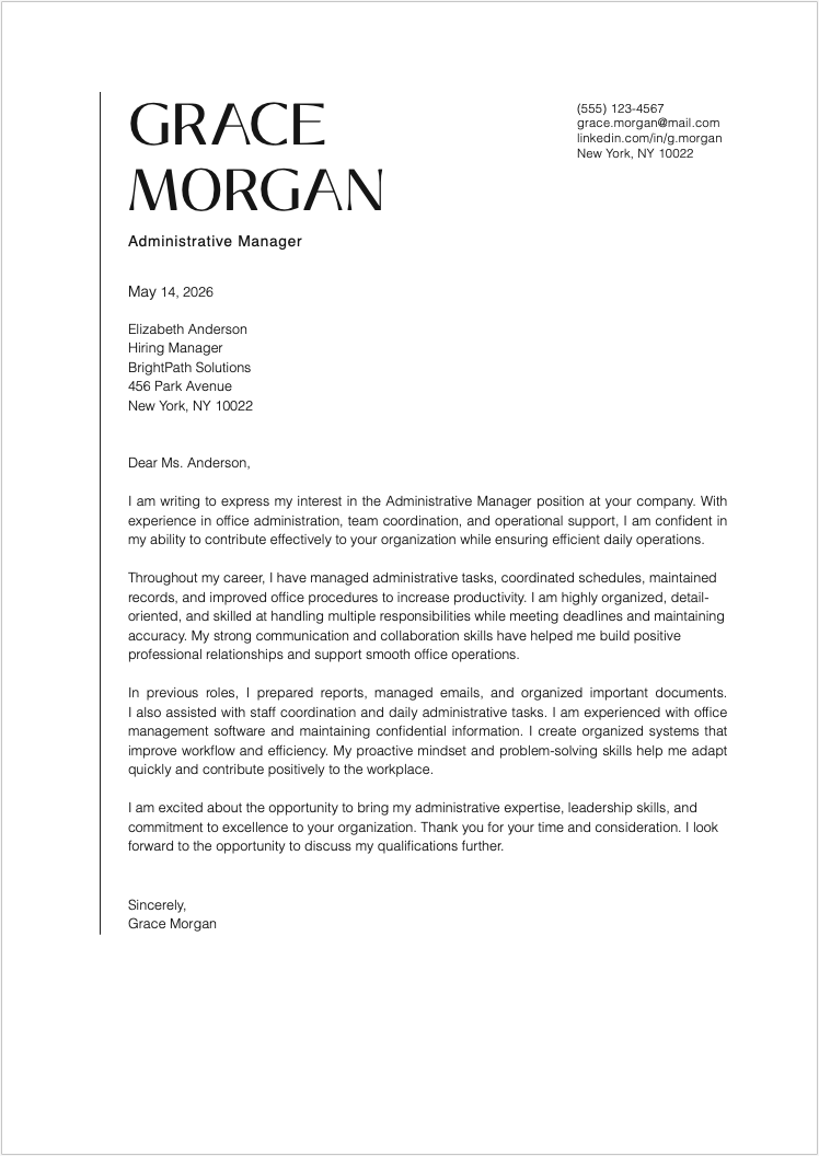 Professional Administrative Manager Cover Letter Template