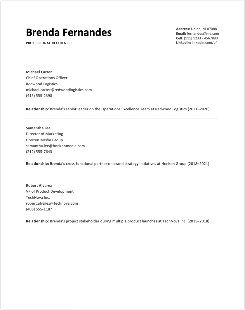 Professional References Simple