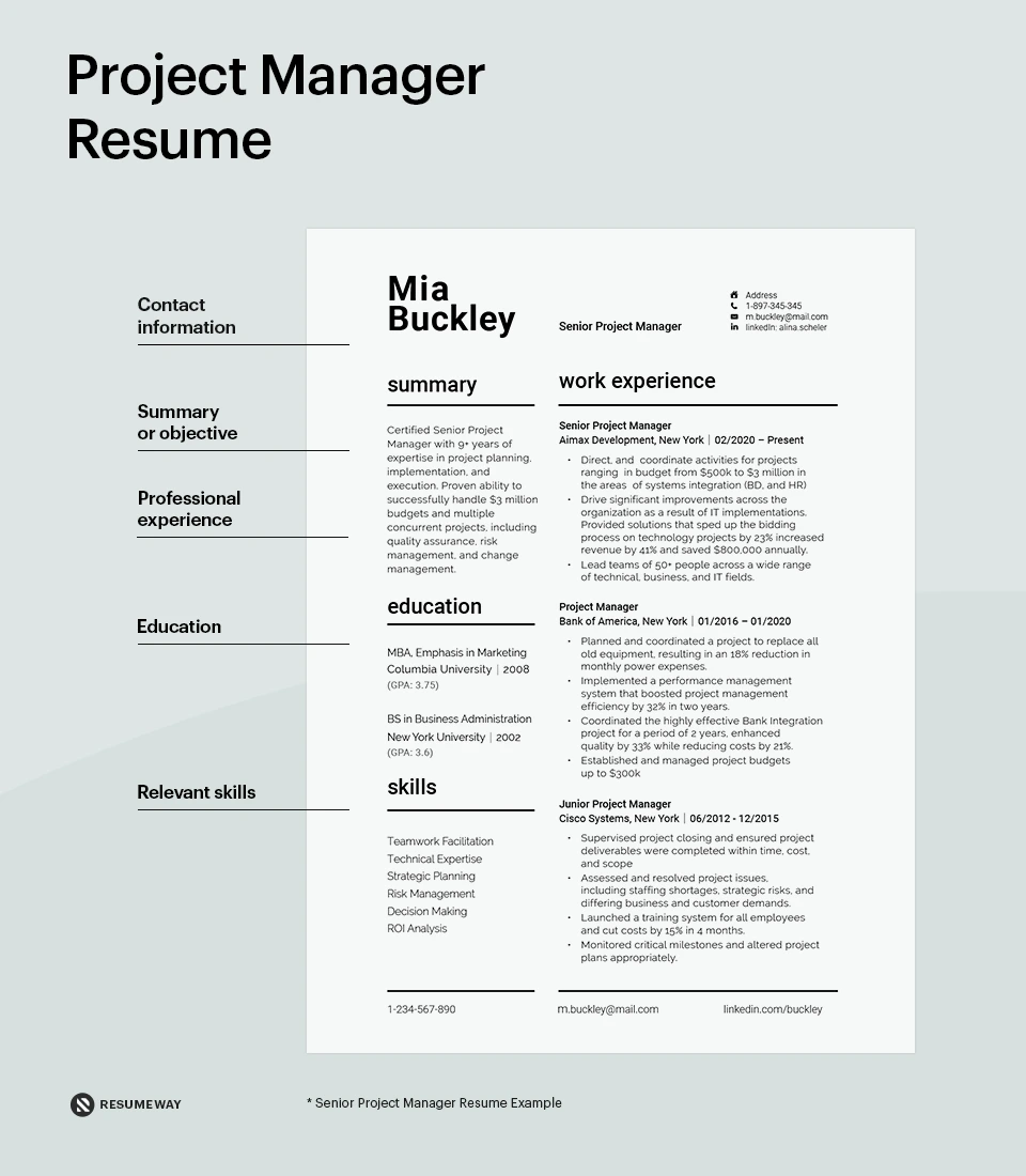 Project Manager resume example template for 2026 with summary, work experience, skills and education sections.
