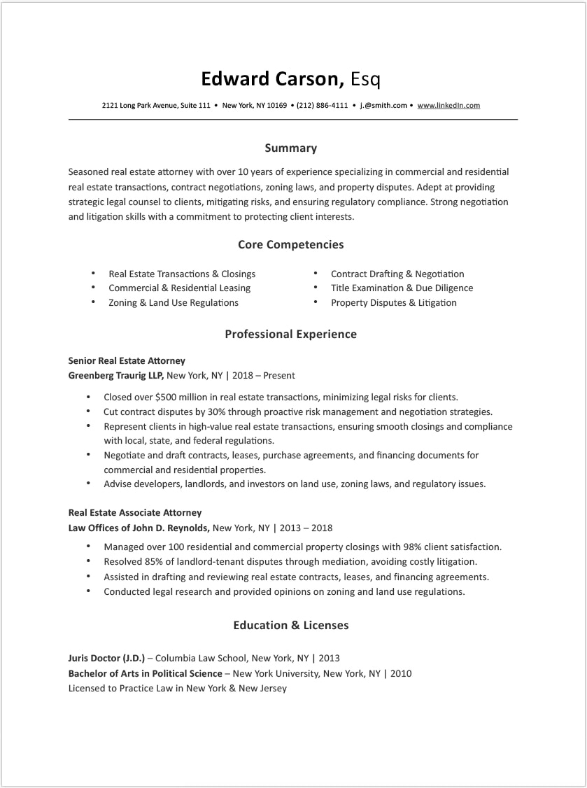 Pre-made Real Estate Attorney Resume Template for MS Word and Apple Pages - Combination Resume Format