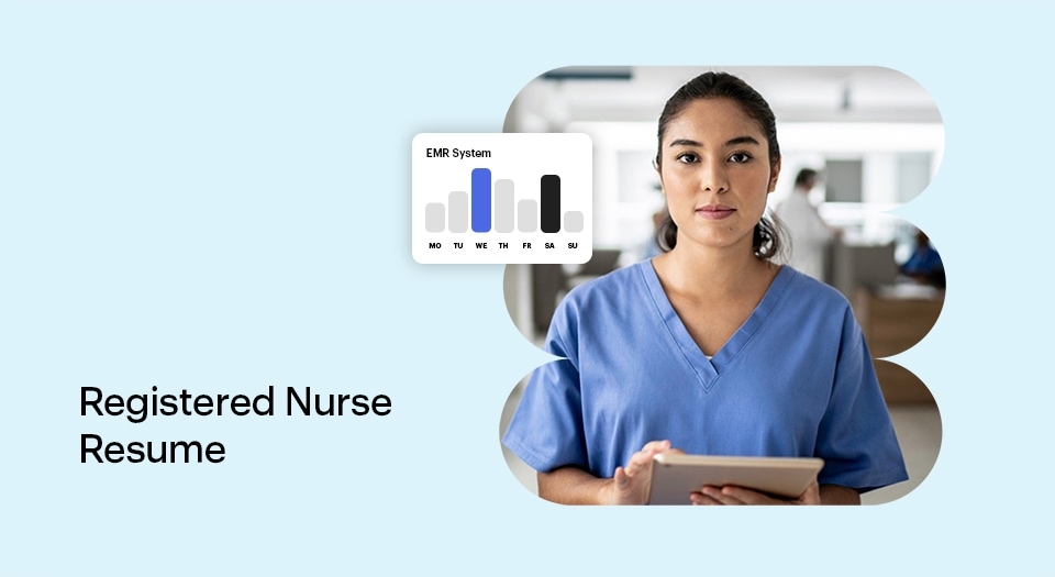 Registered nurse holding tablet with EMR system chart — resume example for 2025