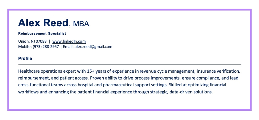 Resume profile example for a healthcare reimbursement specialist with 15+ years of experience.