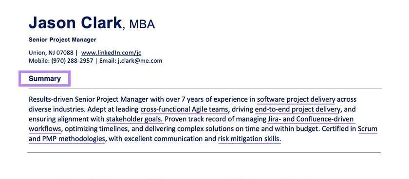 Screenshot of a resume summary section for Jason Clark, MBA, a Senior Project Manager.