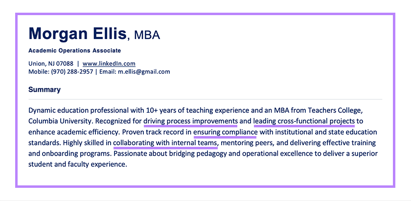 Resume Summary Tranferable Skills Example