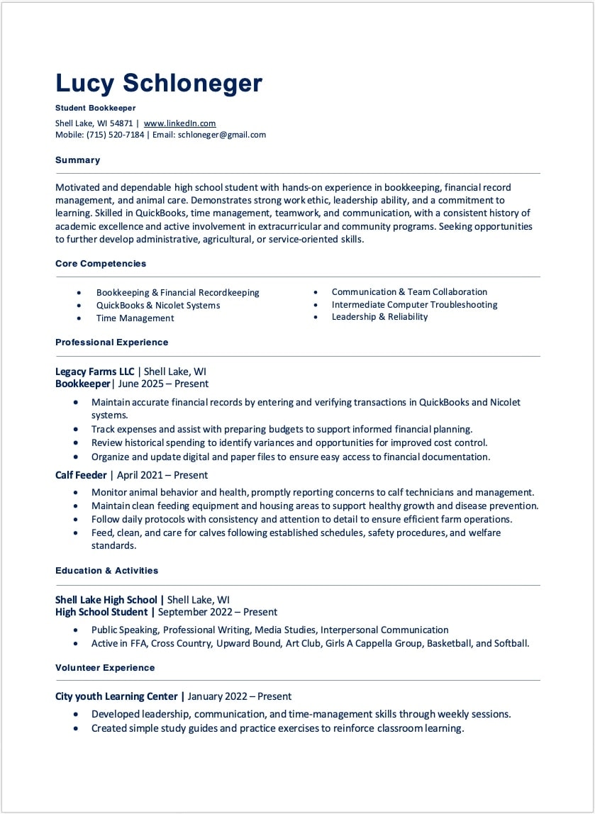 Student Combination Resume Format Example