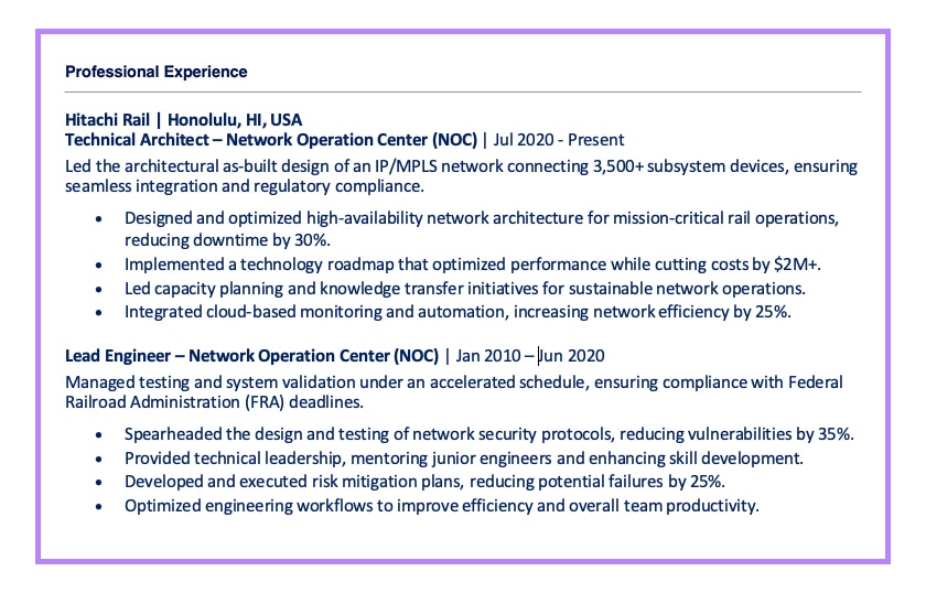 Technical Architect Professional Experience Combination Format