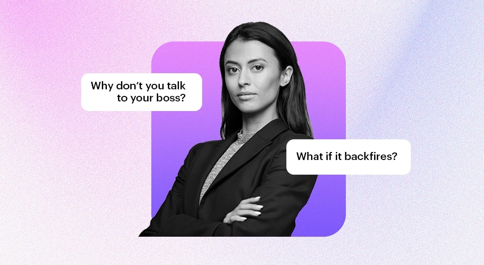 Confident professional woman standing in a modern office, speaking assertively to a group of executives during a meeting.