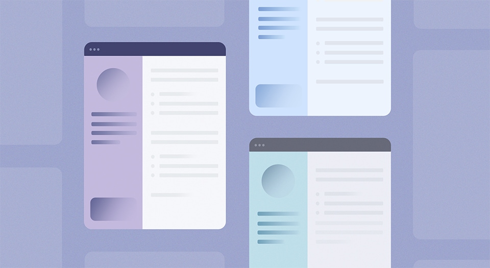 Illustration of three different resume layouts with varying color blocks and section arrangements, representing resume format types.