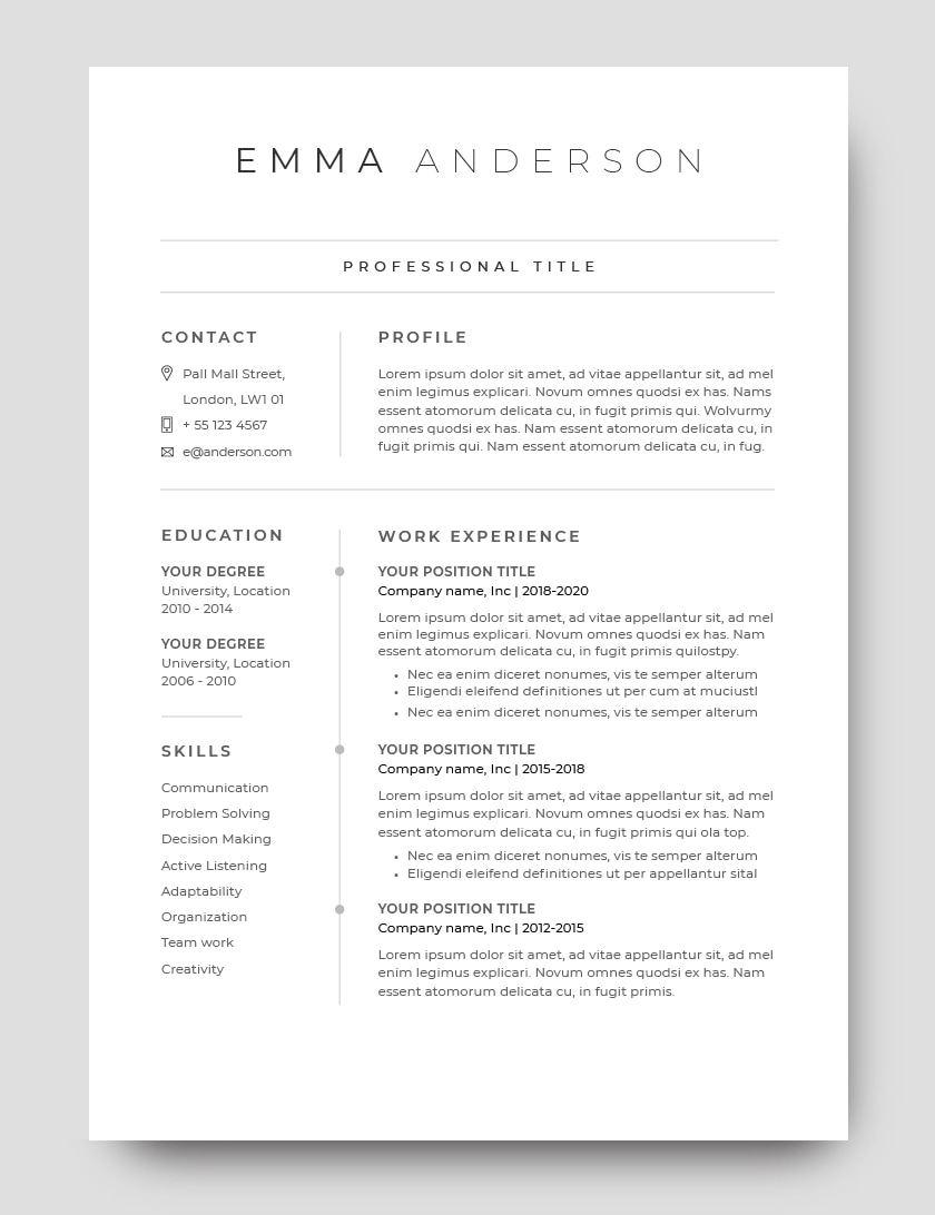 Minimalist resume template 120660. Fully customozible in MS Word, Pages.