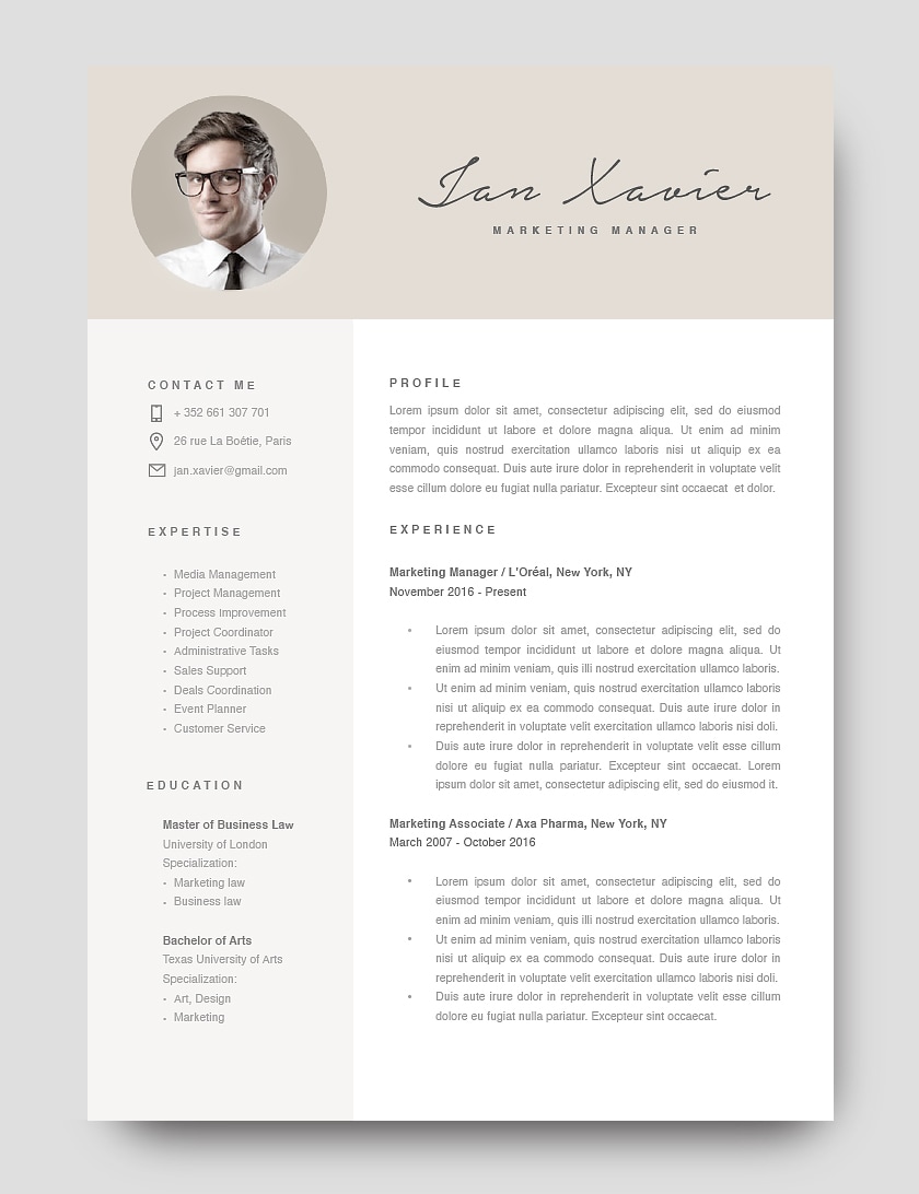 Modern resume template 120100 with a simple design. Fully customozible in MS Word, Pages.
