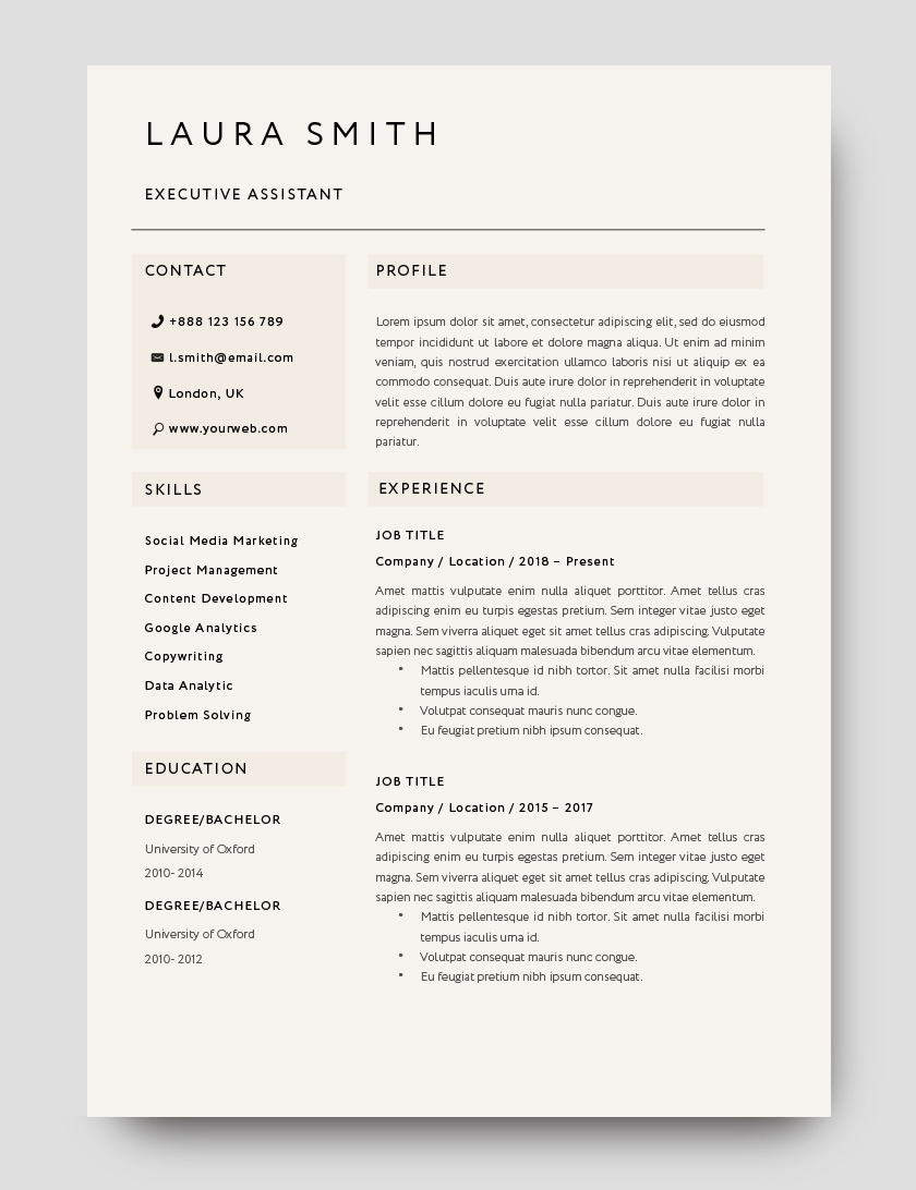 Classic resume template 120800 with a compact, professional design. Fully customizable in MS Word, Pages. Include: Contact info, Summary, Experience, Skills, Awards.