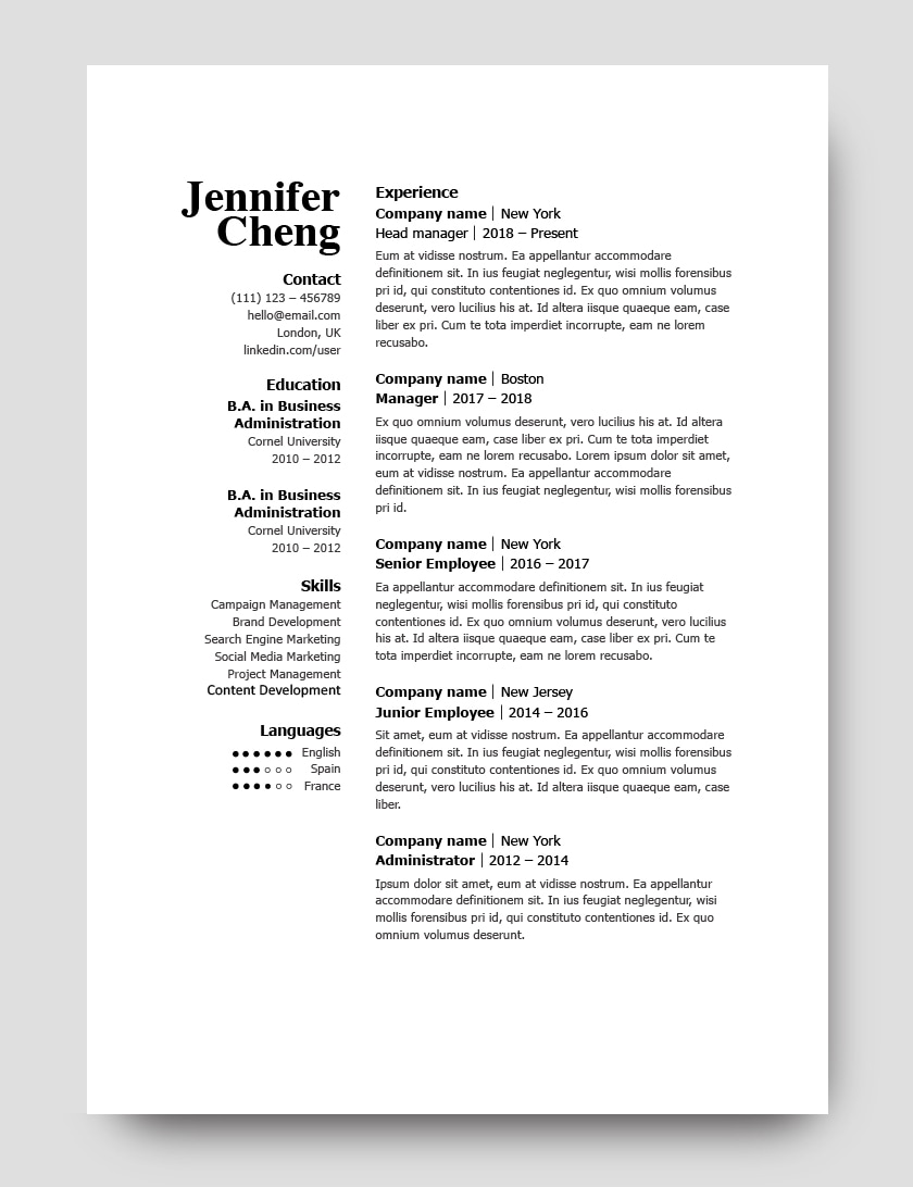 A classic two-column resume template 120830. Fully customozible in MS Word, Pages.