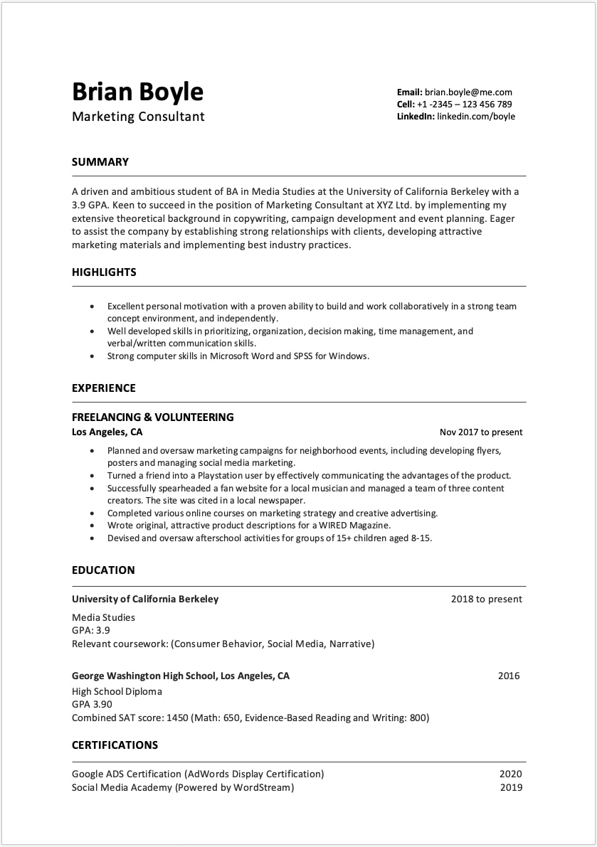 Resume With No Work Experience